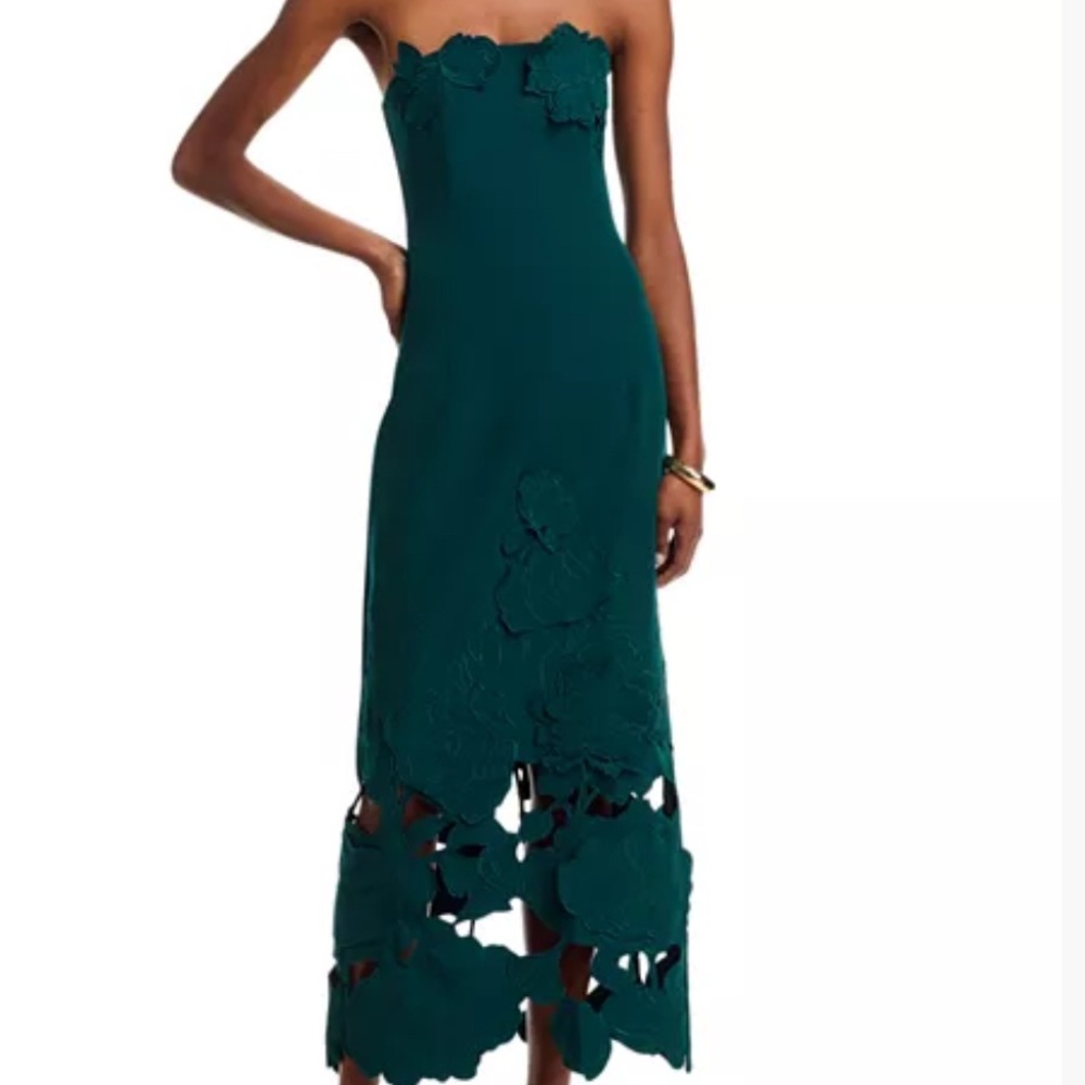 Strapless Teal Floral-Appliqué Midi Dress